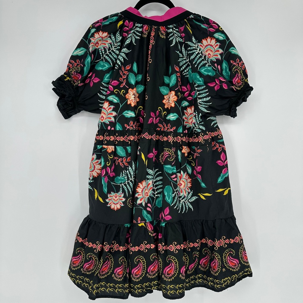 Umgee Boutique Black Mini Tiered Puff Sleeve Dress Vibrant Floral Ruffles L FLAW - Picture 6 of 7